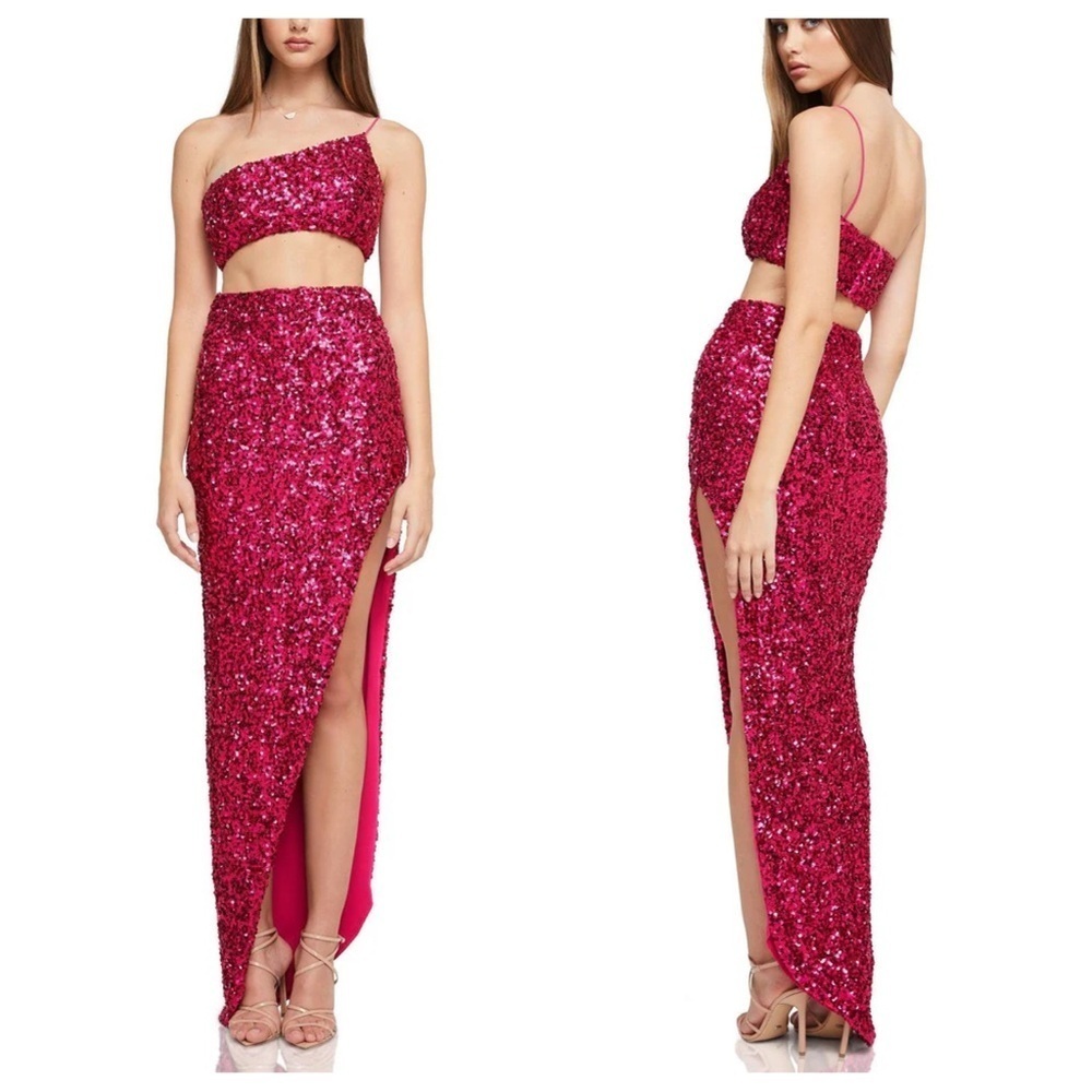 New! SET Nookie Smoke Show Crop and Maxi Skirt pink sequin 3782